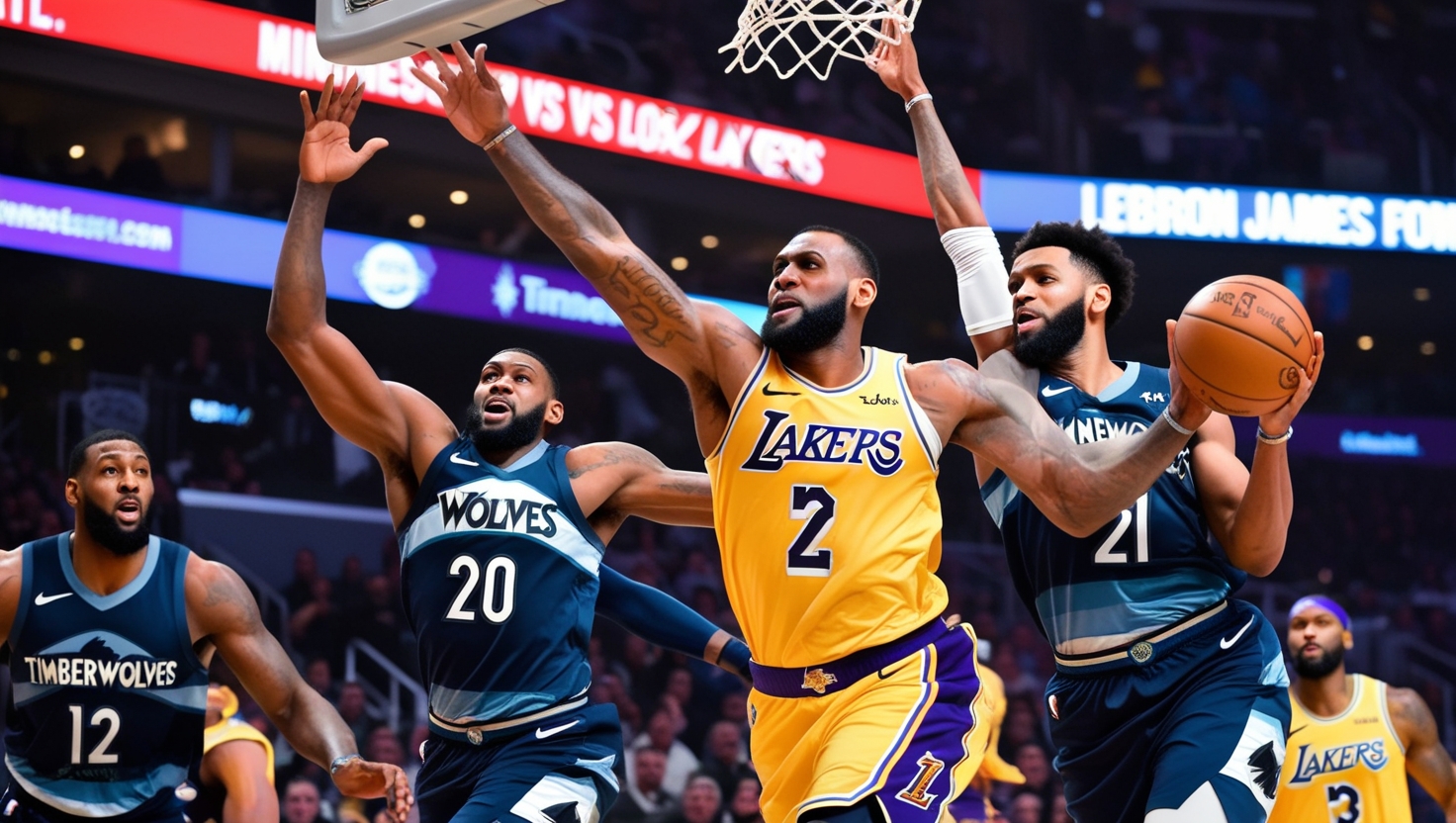 Minnesota Timberwolves vs Lakers Match Player Stats: Anthony Edwards driving to the basket against LeBron James during the Minnesota Timberwolves vs Lakers game
