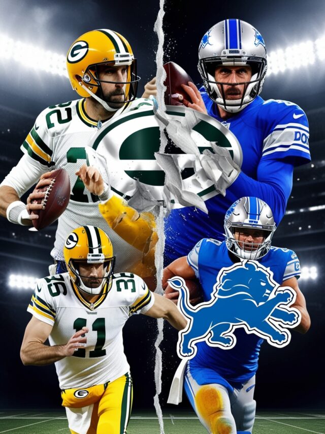 Green Bay Packers vs Detroit Lions NFL rivalry poster with Aaron Rodgers and Jared Goff in action on a football field