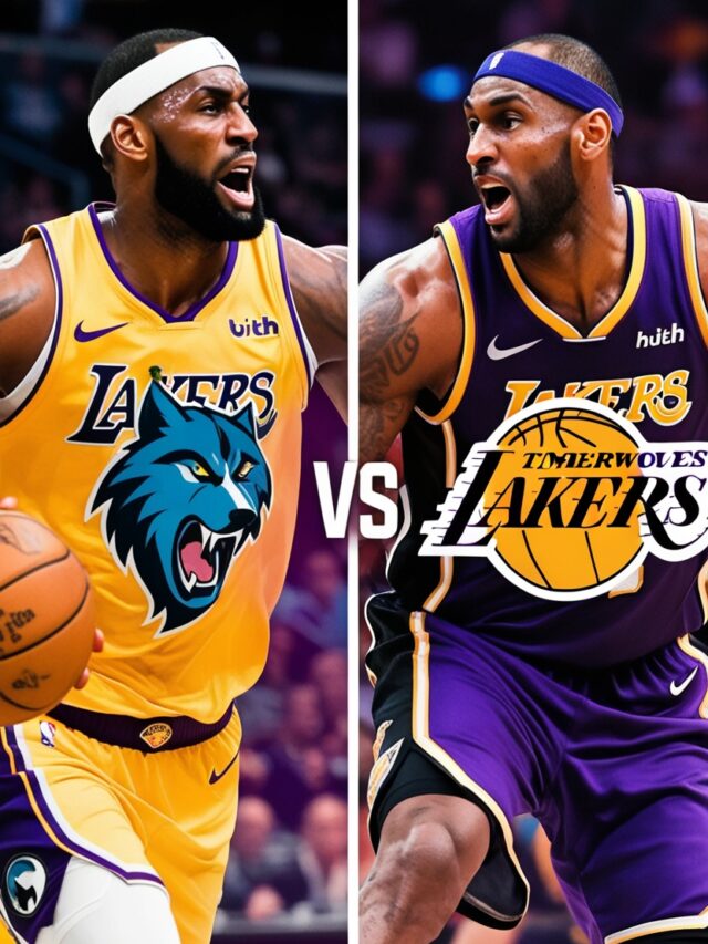 Timberwolves vs Lakers logos with action shots of LeBron James, Anthony Edwards, and key rivalry moments