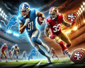 Illustration of the Detroit Lions vs 49ers match player stats: showcasing player stats with a Lions player running with the ball and a 49ers player attempting a tackle, emphasizing stunning insights and bold predictions