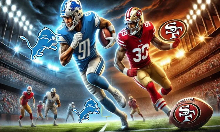 Illustration of the Detroit Lions vs 49ers match player stats: showcasing player stats with a Lions player running with the ball and a 49ers player attempting a tackle, emphasizing stunning insights and bold predictions