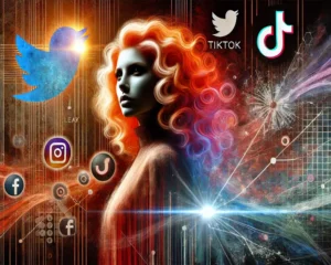 A confident female music artist with fiery orange curls stands under a spotlight, representing Ice Spice and her viral fame. The background features swirling social media icons, cracked glass, and digital waves, symbolizing the controversy surrounding the Ice Spice leak in the digital age.