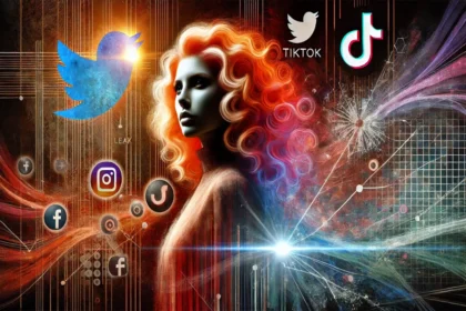 A confident female music artist with fiery orange curls stands under a spotlight, representing Ice Spice and her viral fame. The background features swirling social media icons, cracked glass, and digital waves, symbolizing the controversy surrounding the Ice Spice leak in the digital age.