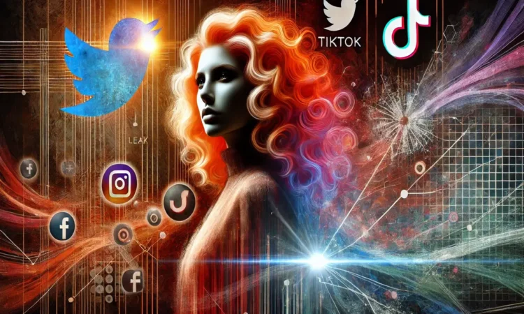 A confident female music artist with fiery orange curls stands under a spotlight, representing Ice Spice and her viral fame. The background features swirling social media icons, cracked glass, and digital waves, symbolizing the controversy surrounding the Ice Spice leak in the digital age.