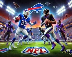 Illustration highlighting Buffalo Bills vs Baltimore Ravens match player stats with players in blue and white jerseys for the Bills and purple and white jerseys for the Ravens, competing under bright stadium lights