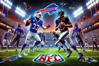 Illustration highlighting Buffalo Bills vs Baltimore Ravens match player stats with players in blue and white jerseys for the Bills and purple and white jerseys for the Ravens, competing under bright stadium lights