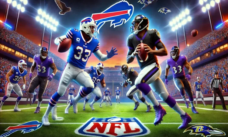 Illustration highlighting Buffalo Bills vs Baltimore Ravens match player stats with players in blue and white jerseys for the Bills and purple and white jerseys for the Ravens, competing under bright stadium lights