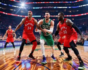 Toronto Raptors vs Boston Celtics match player stats: Toronto Raptors vs Boston Celtics players in action during an intense NBA match, showcasing key stats and highlights