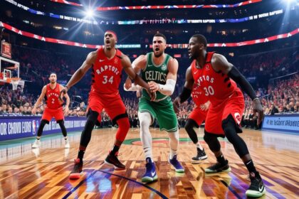 Toronto Raptors vs Boston Celtics match player stats: Toronto Raptors vs Boston Celtics players in action during an intense NBA match, showcasing key stats and highlights