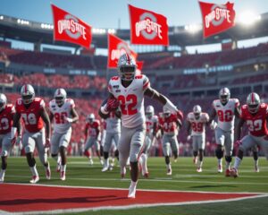 Ohio State football players in scarlet and gray uniforms competing on the field during a high-stakes game, with a roaring crowd in the background