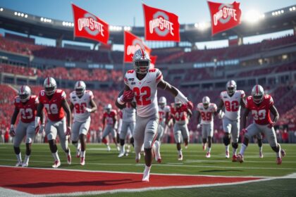 Ohio State football players in scarlet and gray uniforms competing on the field during a high-stakes game, with a roaring crowd in the background