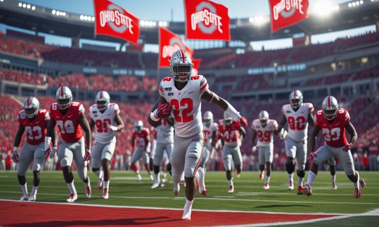 Ohio State football players in scarlet and gray uniforms competing on the field during a high-stakes game, with a roaring crowd in the background