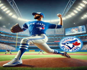 A Toronto Blue Jays pitcher in action during an intense baseball game, throwing a powerful pitch in a vibrant stadium with a lively crowd in the background.