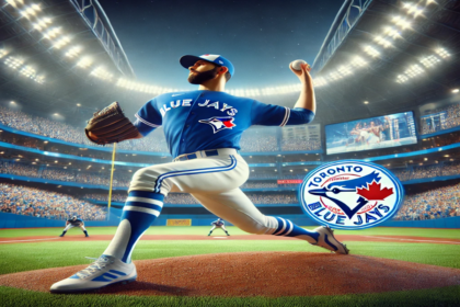 A Toronto Blue Jays pitcher in action during an intense baseball game, throwing a powerful pitch in a vibrant stadium with a lively crowd in the background.