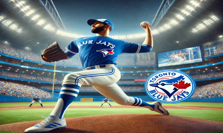 A Toronto Blue Jays pitcher in action during an intense baseball game, throwing a powerful pitch in a vibrant stadium with a lively crowd in the background.